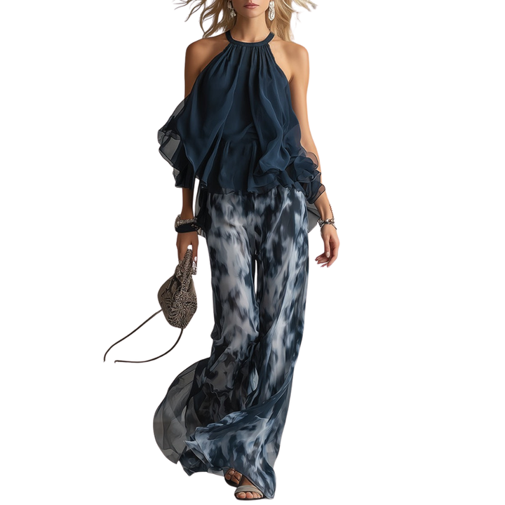 ISABELLA | ELEGANTE IN CHIFFON CON TOP ALTO E PANTALONI STAMPATI LARGHI