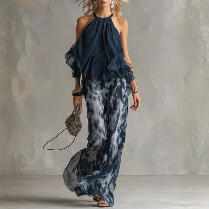 ISABELLA | ELEGANTE IN CHIFFON CON TOP ALTO E PANTALONI STAMPATI LARGHI