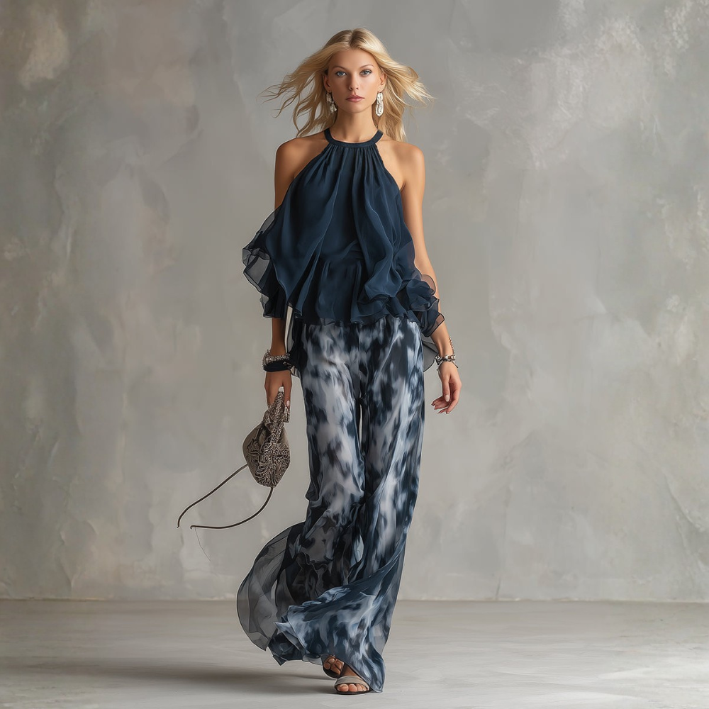 ISABELLA | ELEGANTE IN CHIFFON CON TOP ALTO E PANTALONI STAMPATI LARGHI