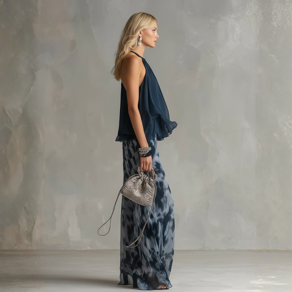 ISABELLA | ELEGANTE IN CHIFFON CON TOP ALTO E PANTALONI STAMPATI LARGHI