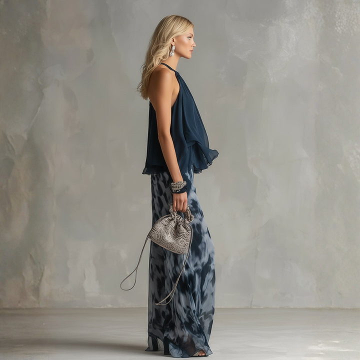 ISABELLA | ELEGANTE IN CHIFFON CON TOP ALTO E PANTALONI STAMPATI LARGHI