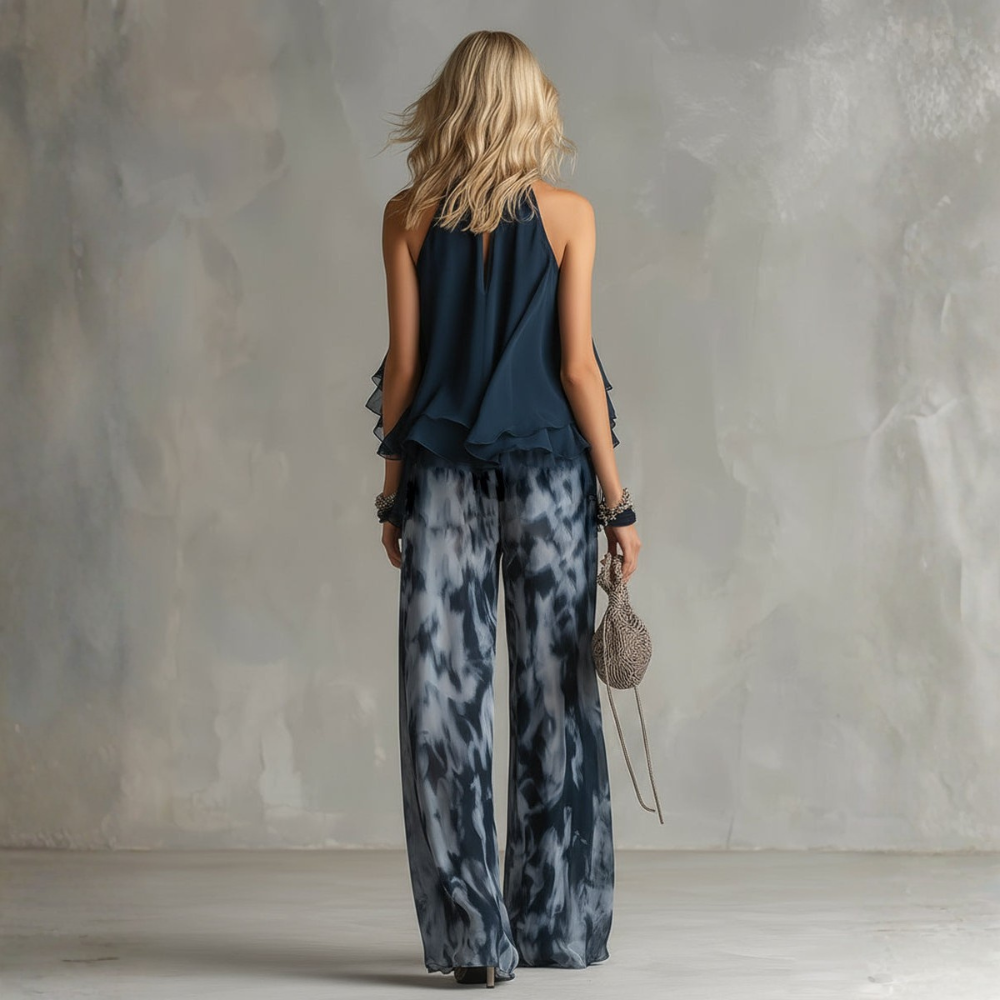 ISABELLA | ELEGANTE IN CHIFFON CON TOP ALTO E PANTALONI STAMPATI LARGHI